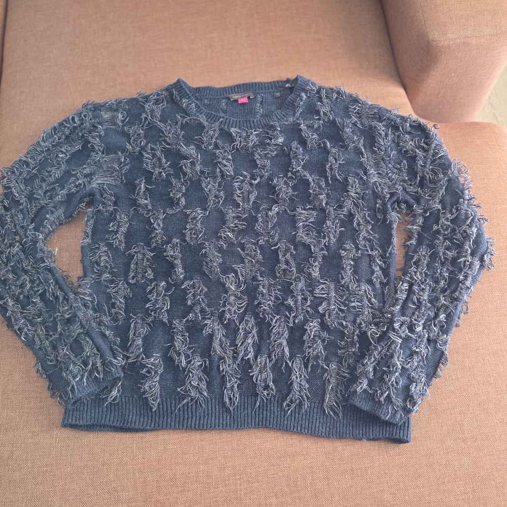 Vince Camuto Women's Blue Indigo Fringe Eyelash Shag Fluff Pullover Sweater L